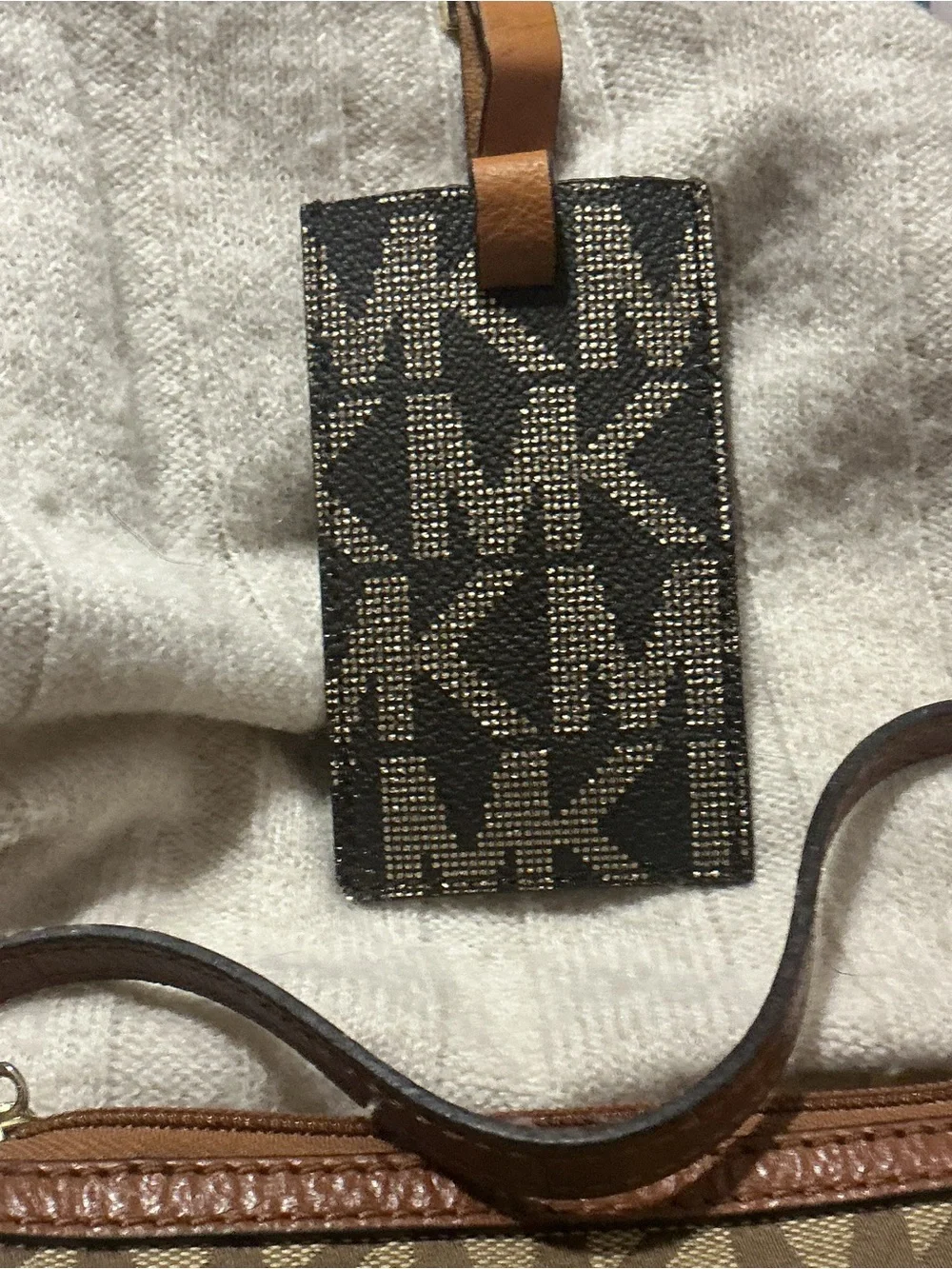 Michael Kors Tan and Brown MK Logo wristlet and luggage tag